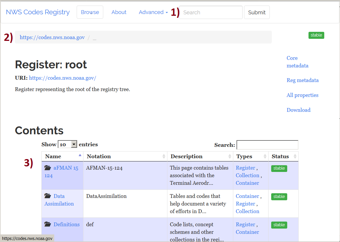 Figure 1: Main or "Home" page of Registry at root level